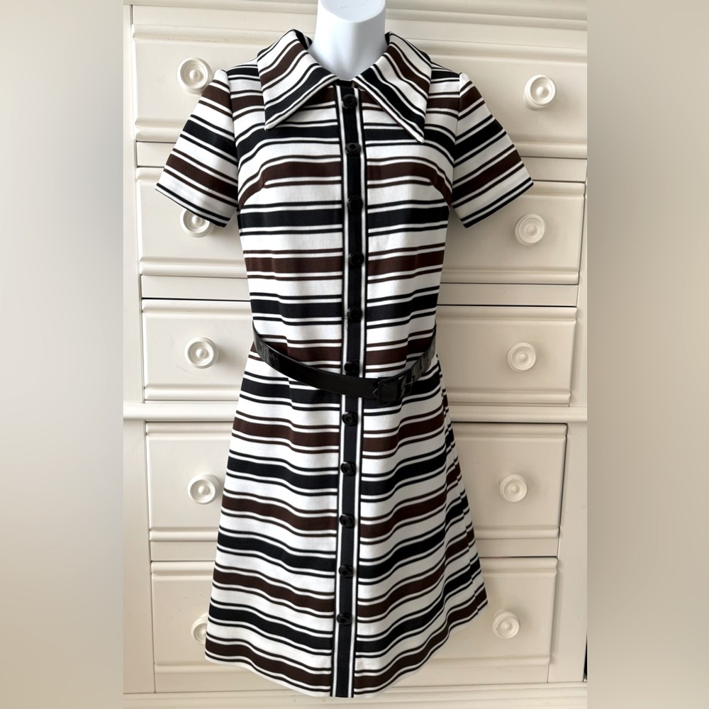 Vtg 1970s Striped Brown and Black Women's Dress